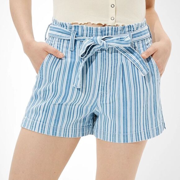 NWT! American Eagle Blue Stripe Paperbag Denim Mom Shorts w Matching Belt Size 6 - Picture 1 of 8